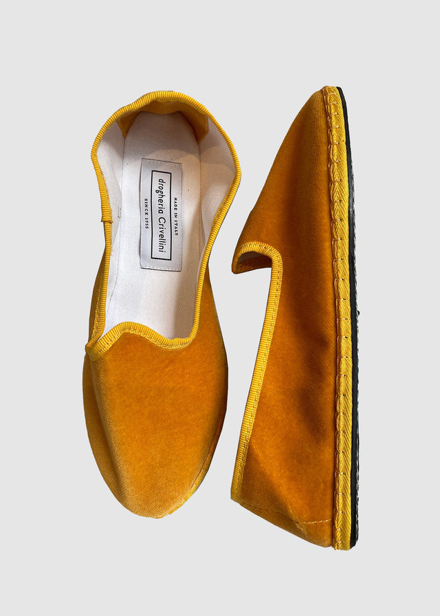 VELVET FURLANE SLIPPERS — MUSTARD