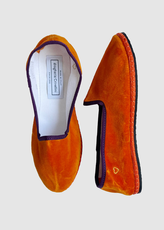 VELVET FURLANE SLIPPERS — ARANCINO/ PURPLE TRIM