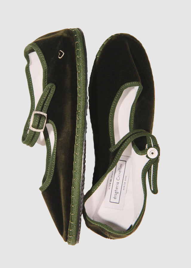 VELVET MARY JANE SLIPPERS — OLIVE
