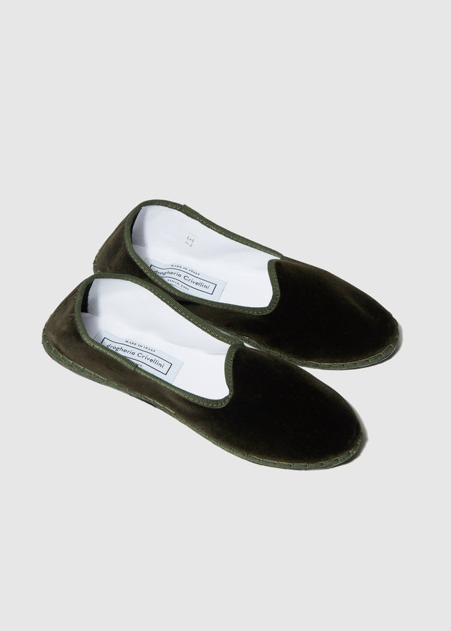 VELVET FURLANE SLIPPERS — OLIVE GREEN