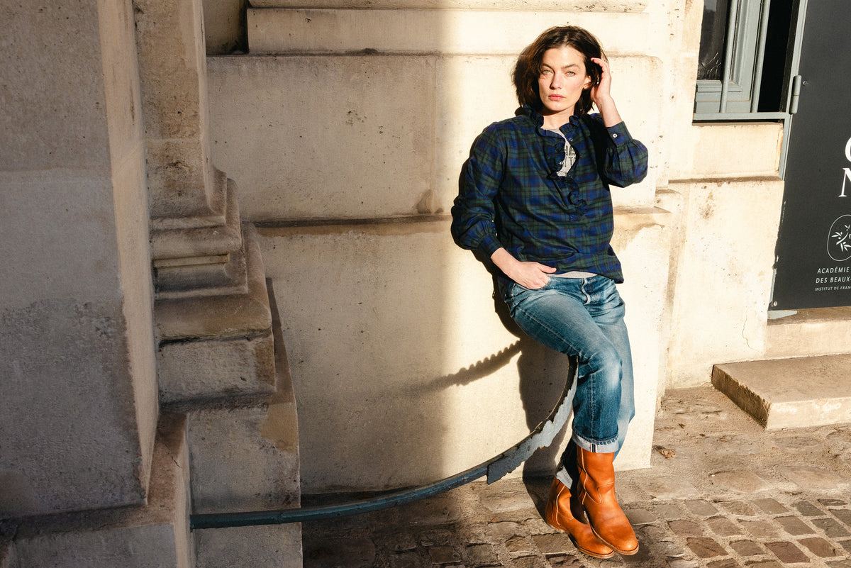 ALMA SHIRT — NAVY & GREEN TARTAN