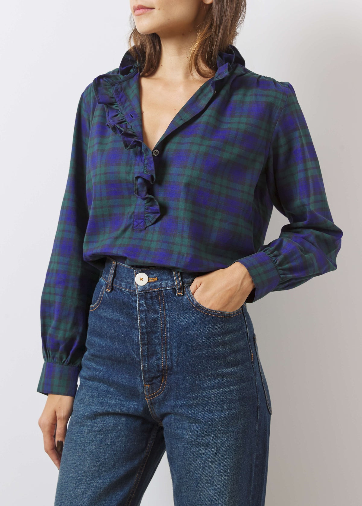 ALMA SHIRT — NAVY & GREEN TARTAN