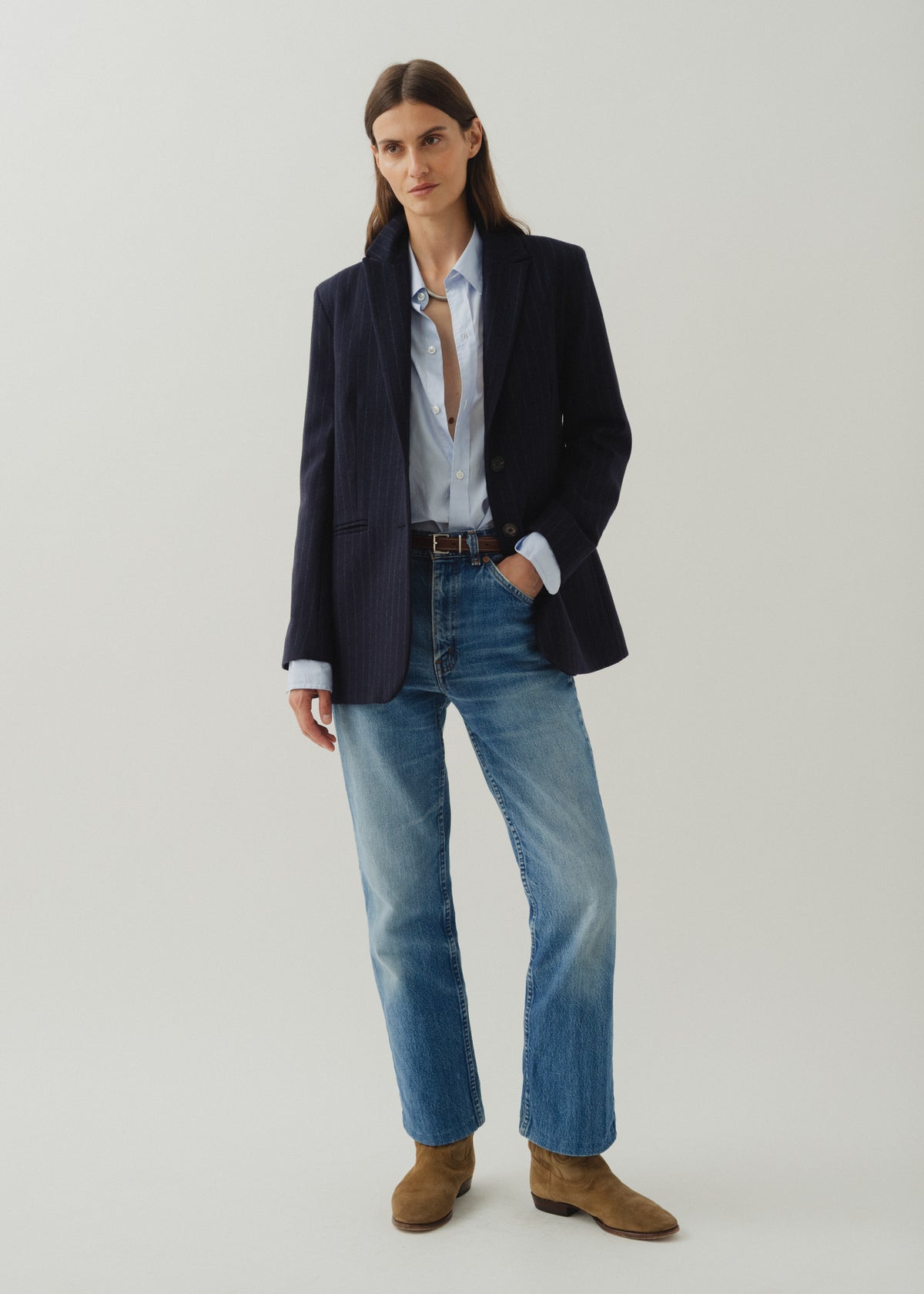 ELISA WOOL JACKET — NAVY PINSTRIPE