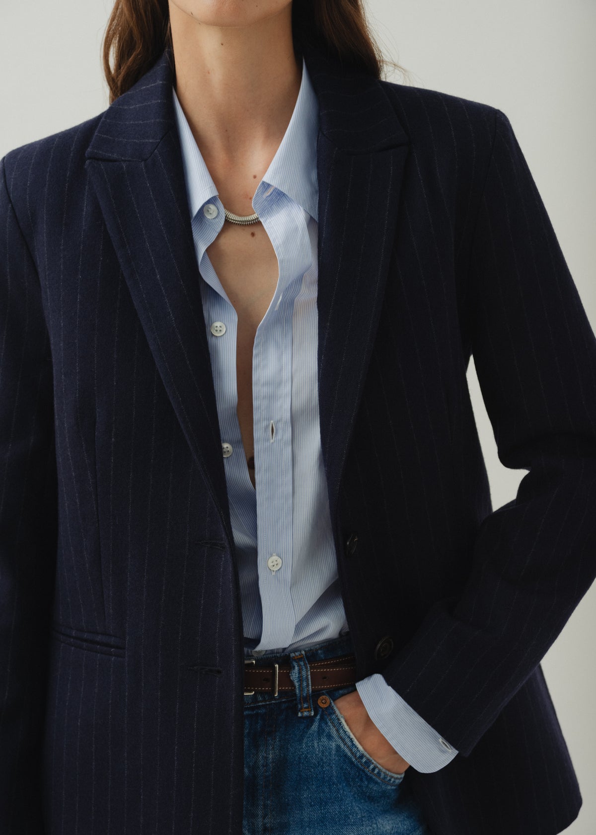 ELISA WOOL JACKET — NAVY PINSTRIPE