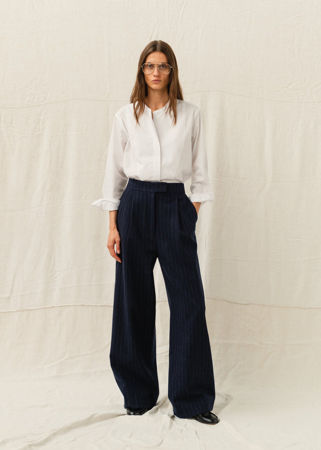 FERRY WOOL TROUSERS — NAVY PINSTRIPE