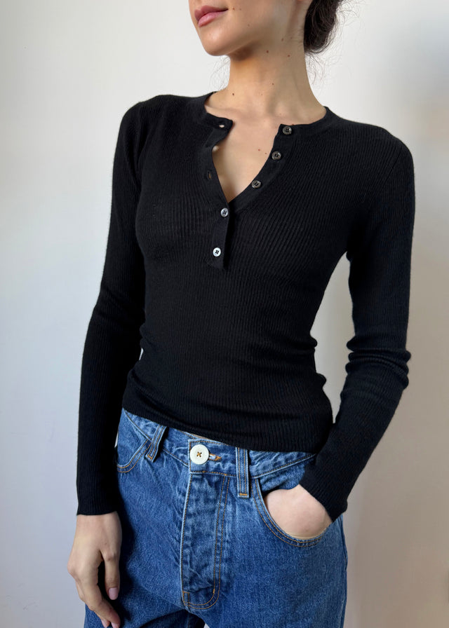 HONOR RIBBED CASHMERE TOP — BLACK