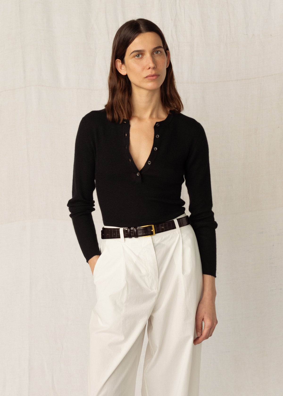 HONOR RIBBED CASHMERE TOP — BLACK