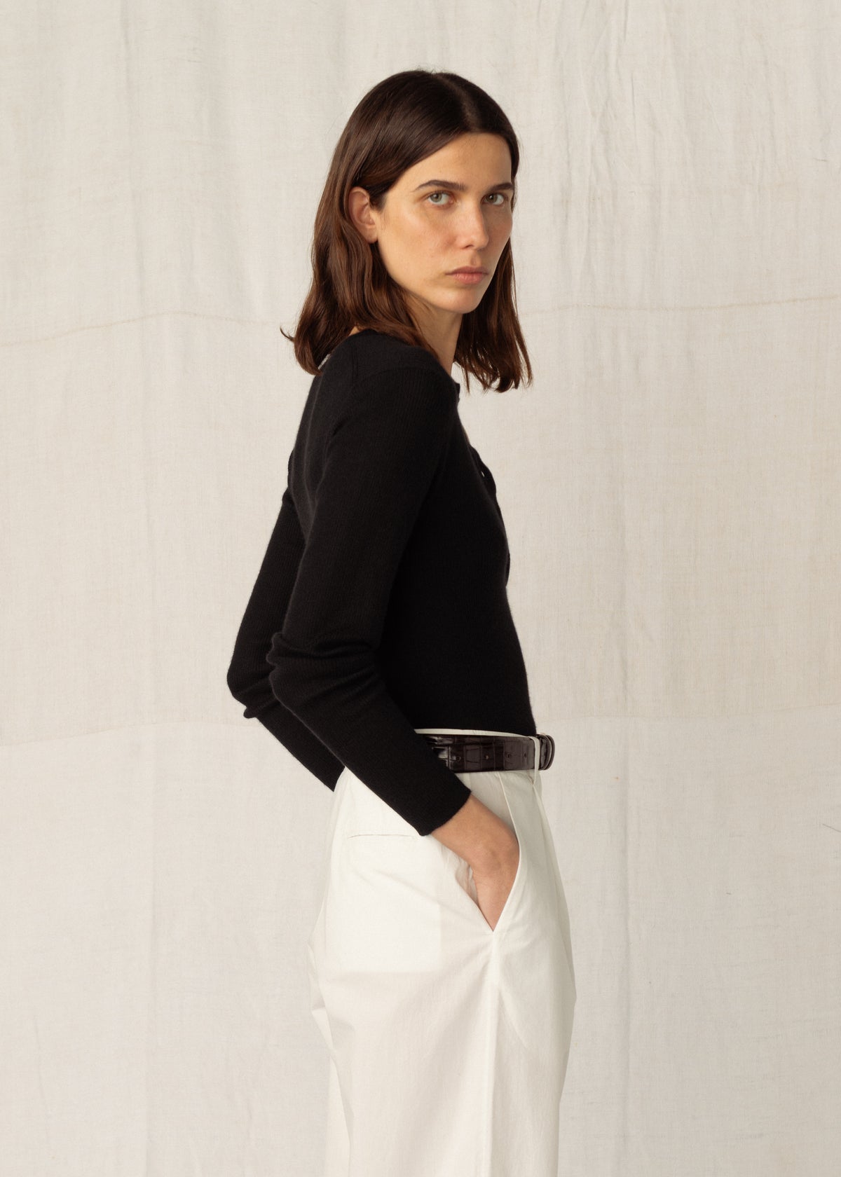 HONOR RIBBED CASHMERE TOP — BLACK