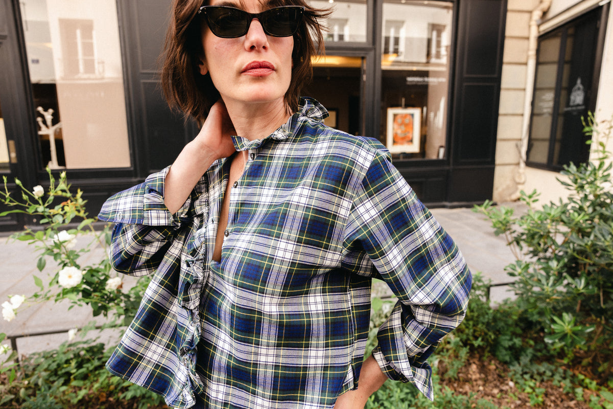 KIRSTY SHIRT — NAVY & YELLOW TARTAN