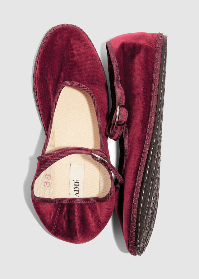 MARY JANE VELVET SLIPPERS — BORDEAUX