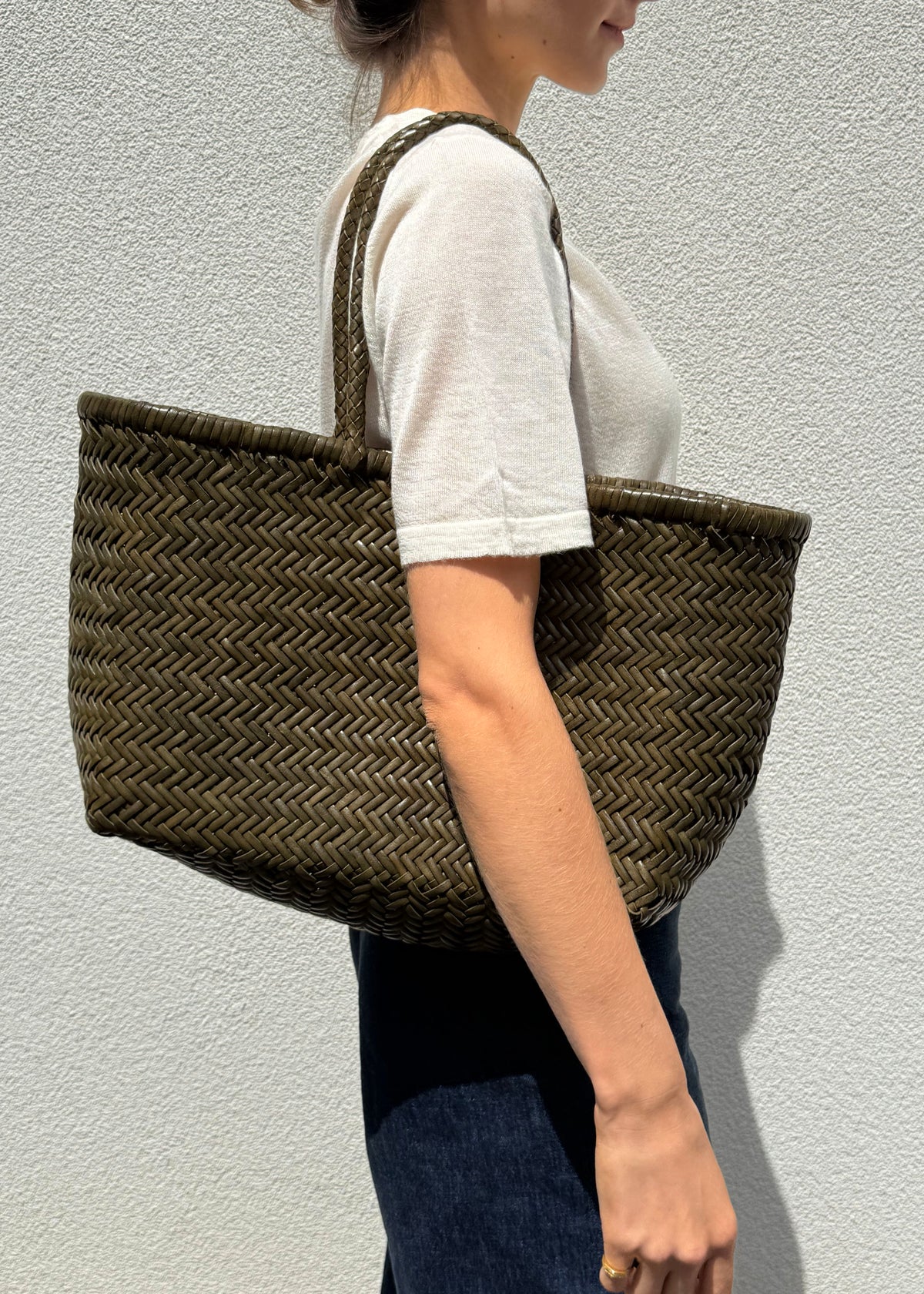 LARGE BAMBOO TRIPLE JUMP BASKET BAG — KHAKI
