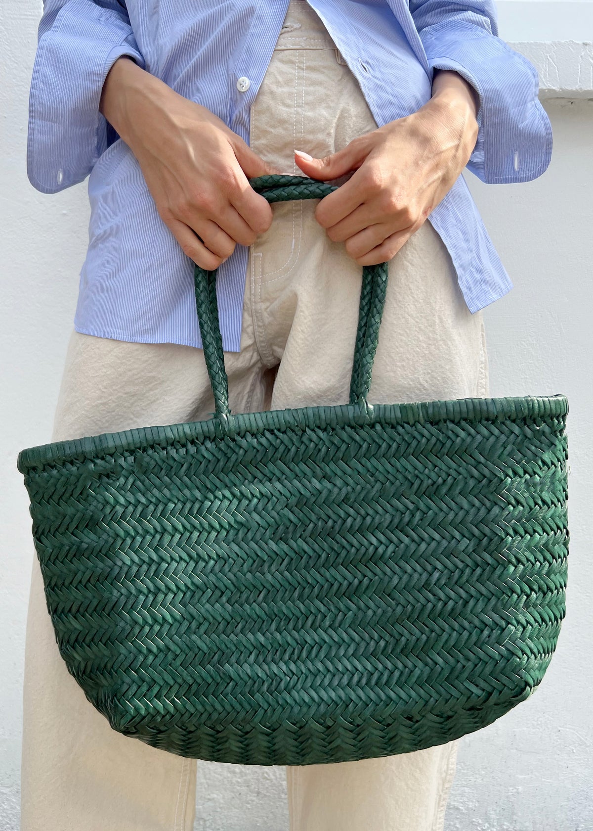 LARGE BAMBOO TRIPLE JUMP BASKET BAG — FOREST