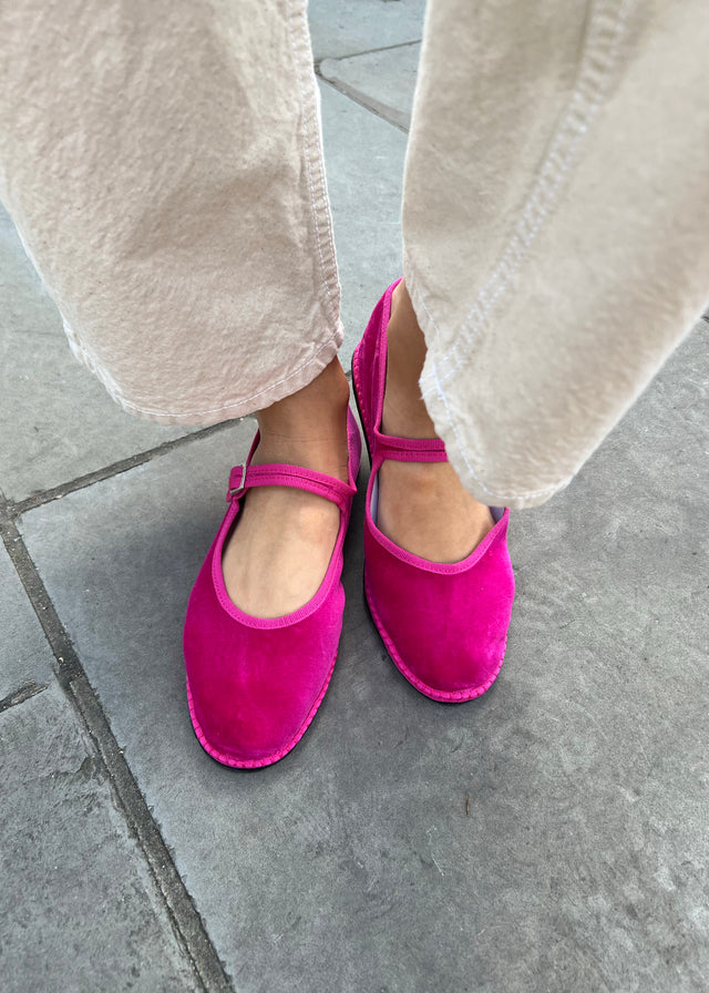 VELVET MARY JANE SLIPPERS — FUCHSIA