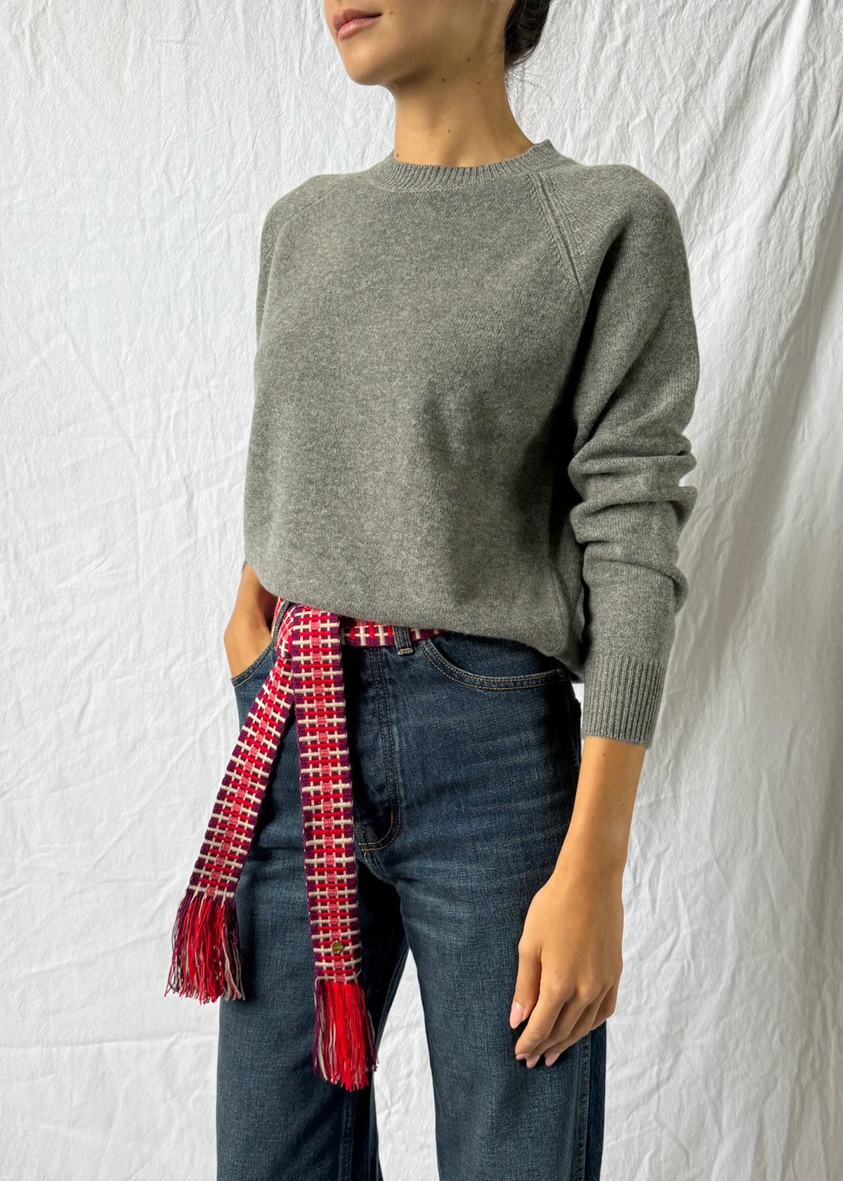 BELT WITH FRINGES — RED & PURPLE CHECK