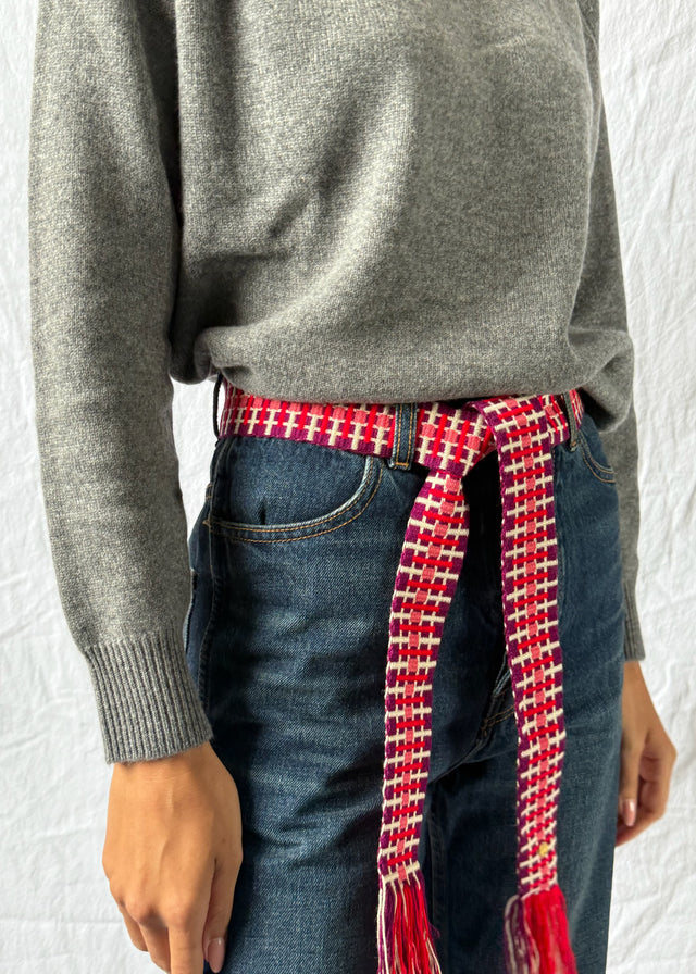 BELT WITH FRINGES — RED & PURPLE CHECK