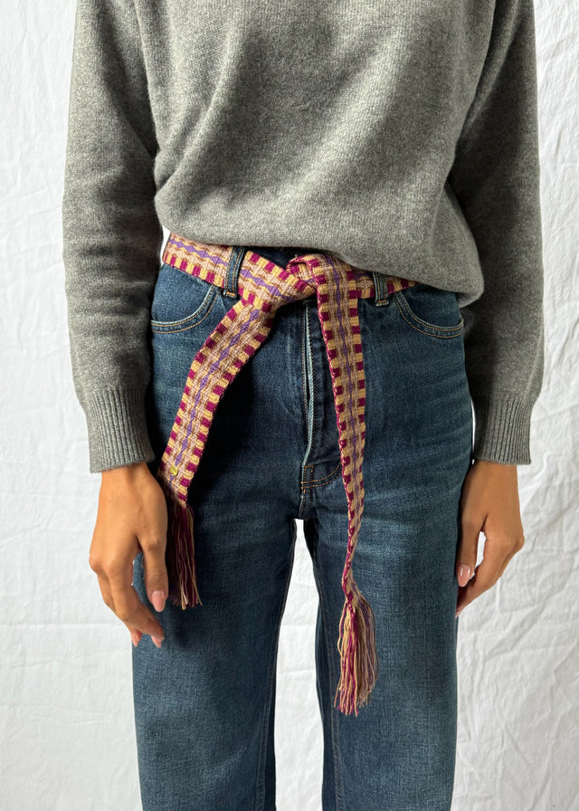 BELT WITH FRINGES — TAN & PURPLE