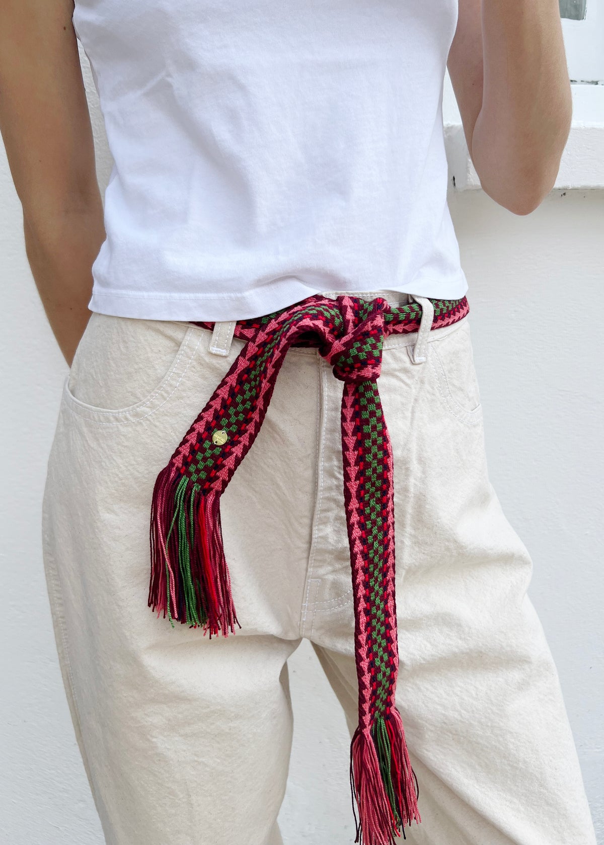 BELT WITH FRINGES — BURGUNDY & GREEN