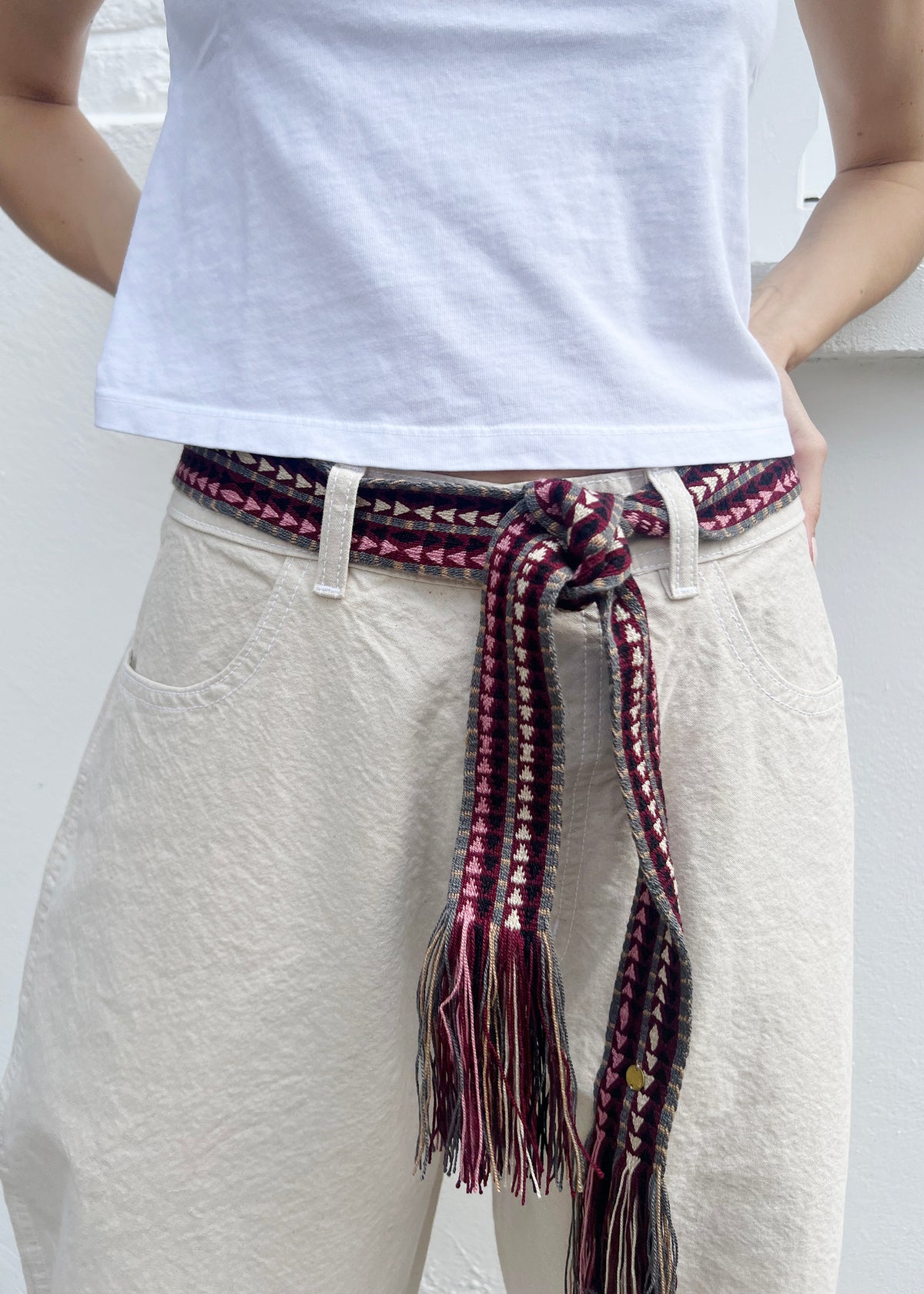 BELT WITH FRINGES — BURGUNDY & GREY