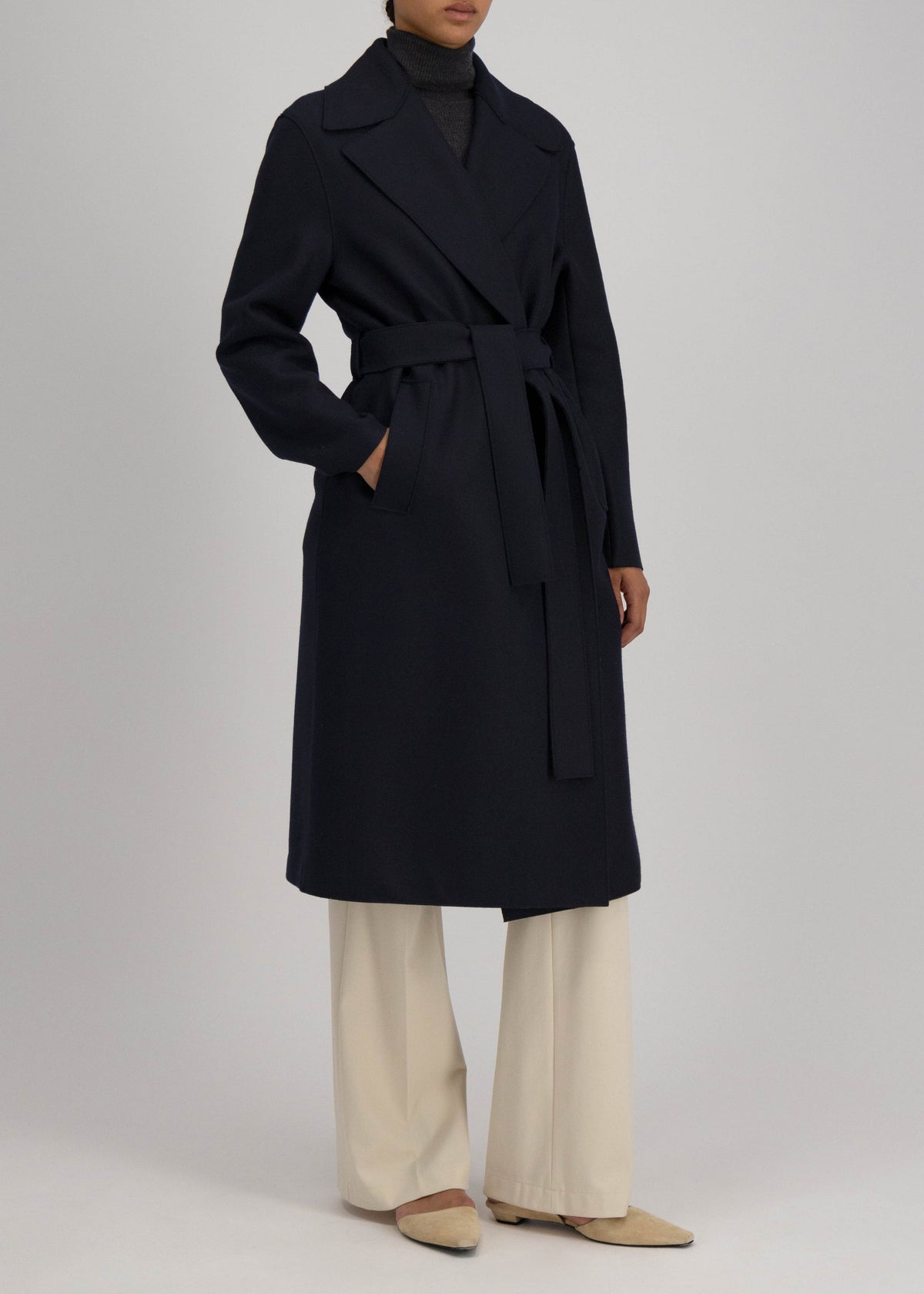 BELTED COAT — NAVY BLUE