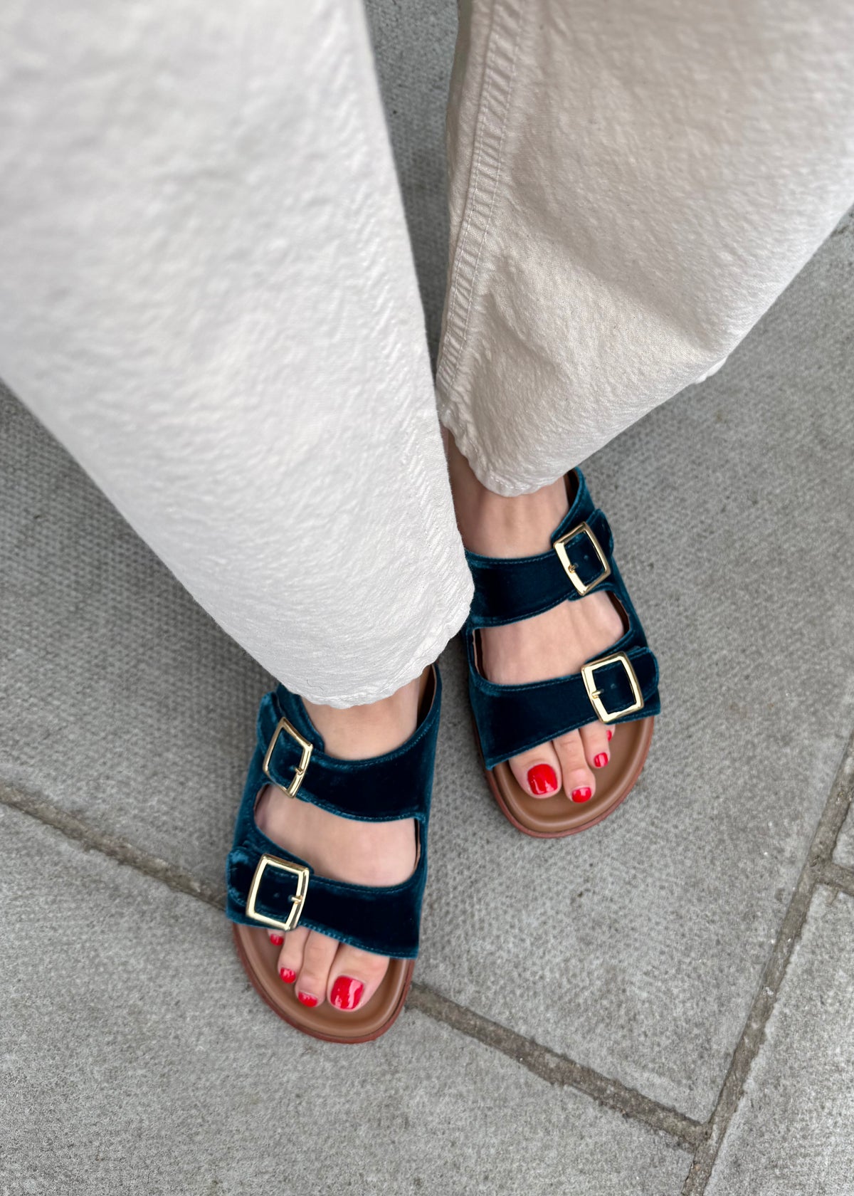FOLLONICA VELVET SANDALS — TEAL