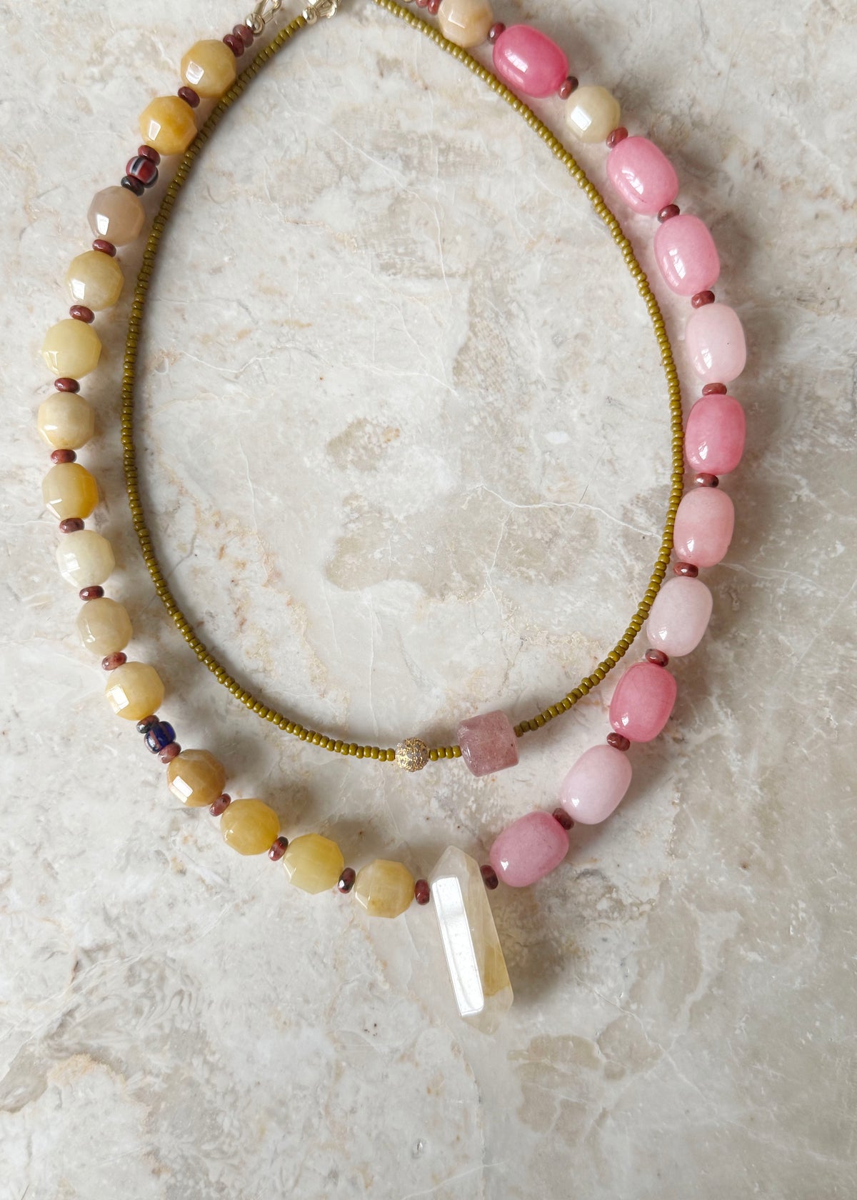PINK AVENTURINE & YELLOW JADE HALF HALF