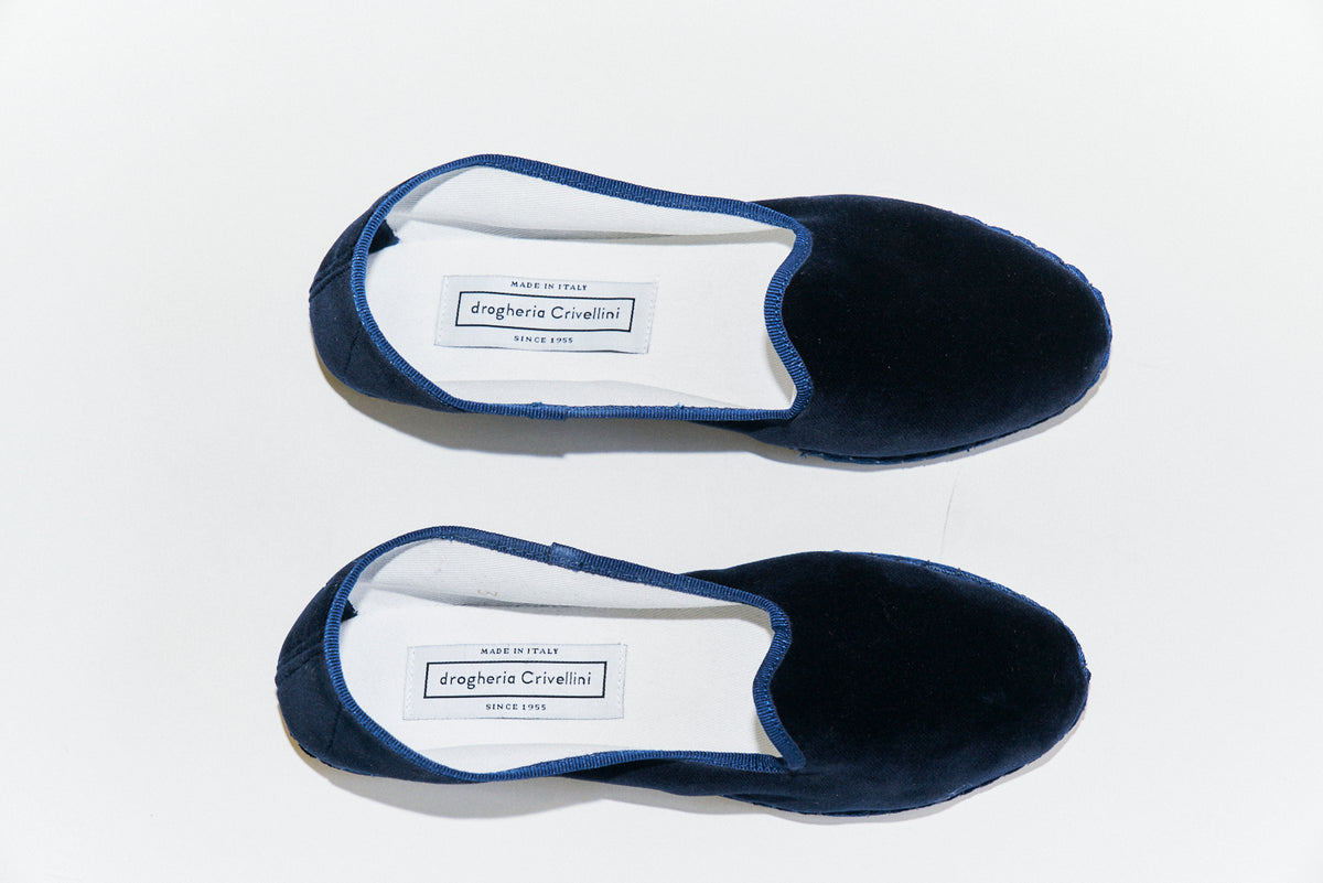 VELVET FURLANE SLIPPERS — NAVY