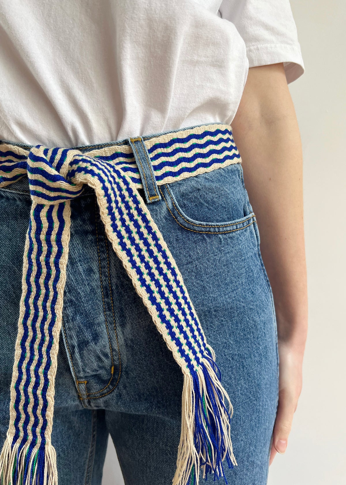 FRINGED BELT — BLUE AND GREEN